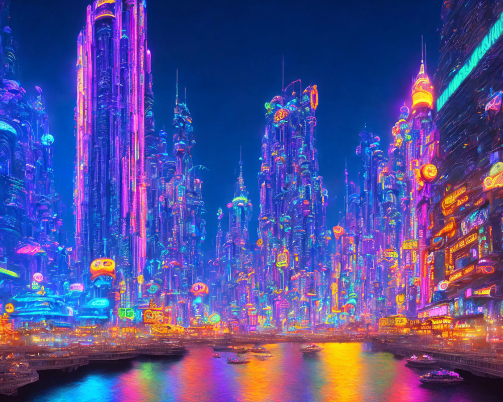 Futuristic night cityscape with neon-lit skyscrapers & floating vehicles