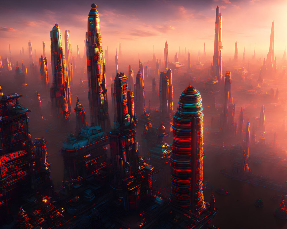 Futuristic cityscape at sunset with glowing skyscrapers