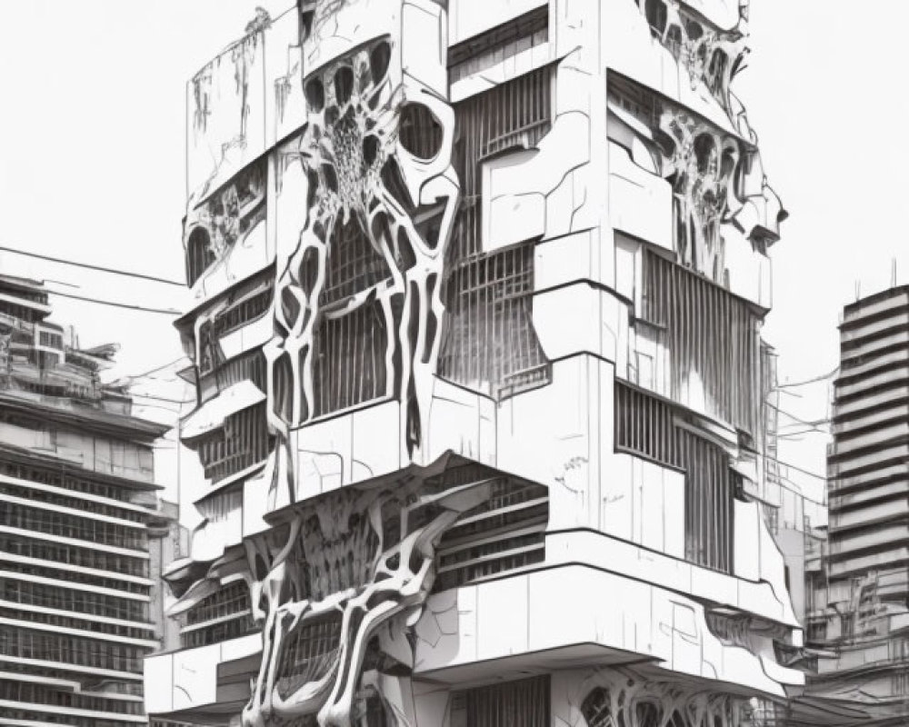 Monochrome illustration of modern building with intricate, tree root-like designs in urban setting