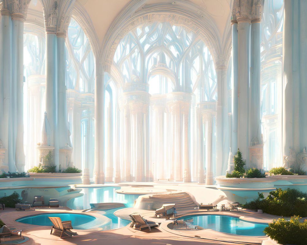 Grand, sunlit cathedral interior with towering pillars and tranquil pools
