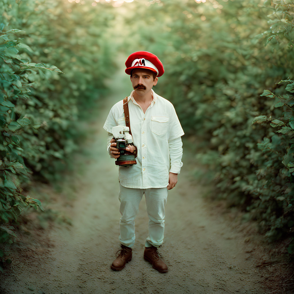 Man in White Outfit with Red "M" Cap Holding Vintage Camera on Narrow Path surrounded by Green