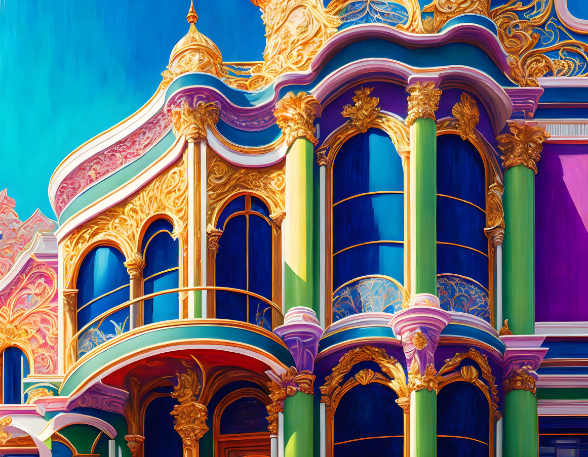Colorful ornate building facade with gold trim and blue windows against blue sky.
