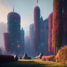 Fantastical landscape with tall towers, red foliage, and flying crafts in misty dusk