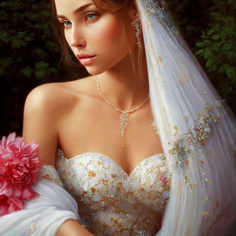 Detailed portrait of a bride with veil, white & gold dress, necklace, pink flower on dark background