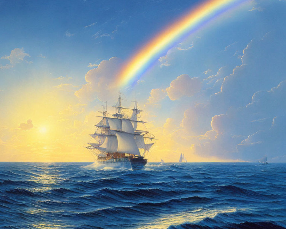 Tall ship sailing on choppy sea with rainbow, sunset, and billowing clouds