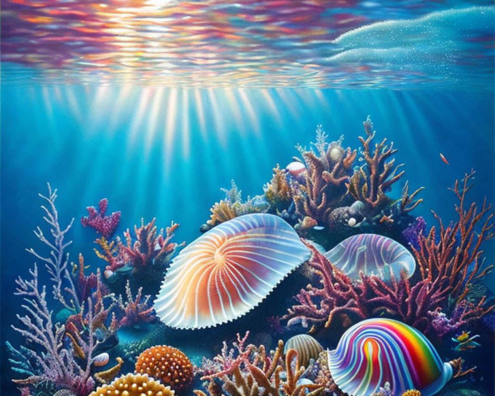 Colorful Coral Reefs and Shells in Sunlit Underwater Scene