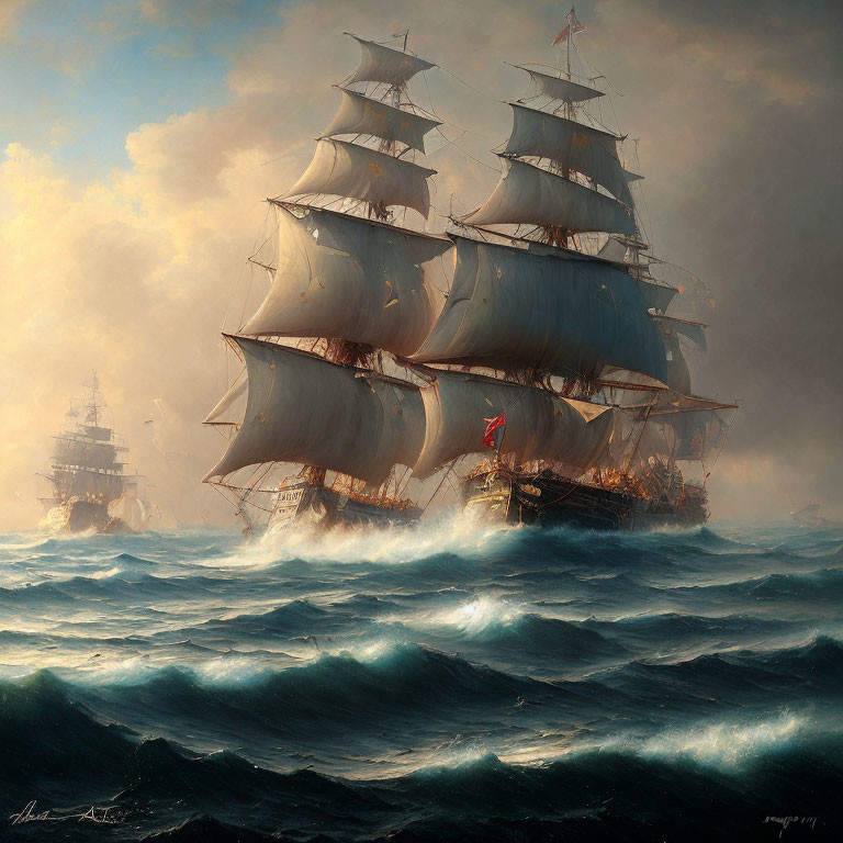 Tall ships sailing on tumultuous seas with billowing sails and cloudy sky