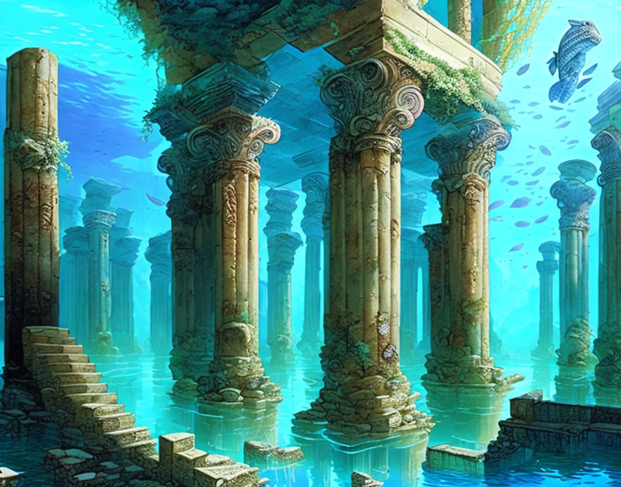 Underwater scene with sunlit Greek-style columns and marine life
