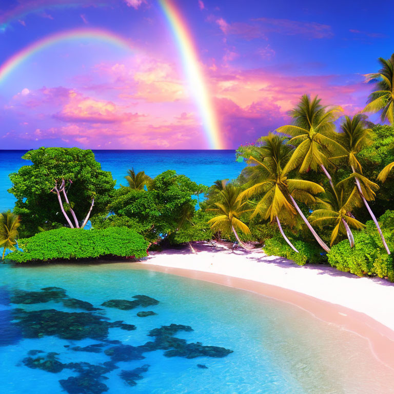 Double Rainbow Over Tropical Beach with Palm Trees, Clear Blue Water, Sandy Shore, and Coral Reefs