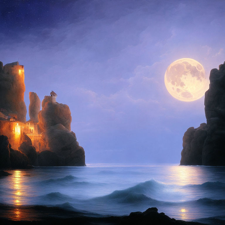 Moonlit seascape with illuminated cliffside buildings and full moon over gentle waves