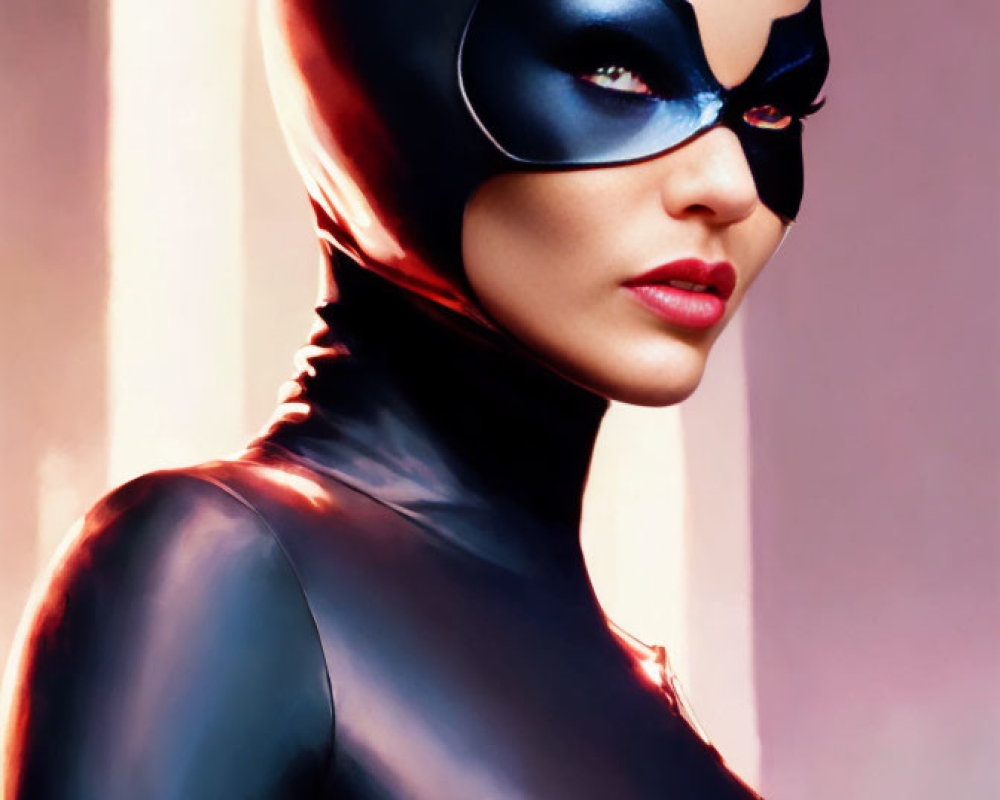 Woman in Black Catsuit with Cat-Ear Headpiece and Red Lipstick