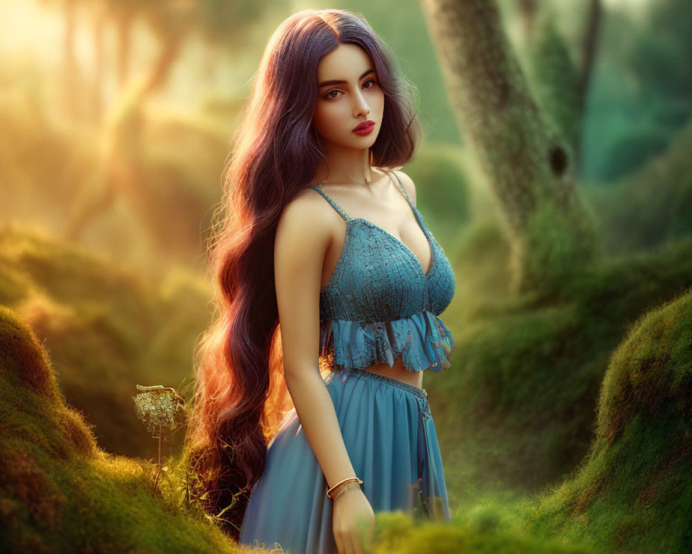 Purple-haired woman in blue dress in mystical forest with sunlight.