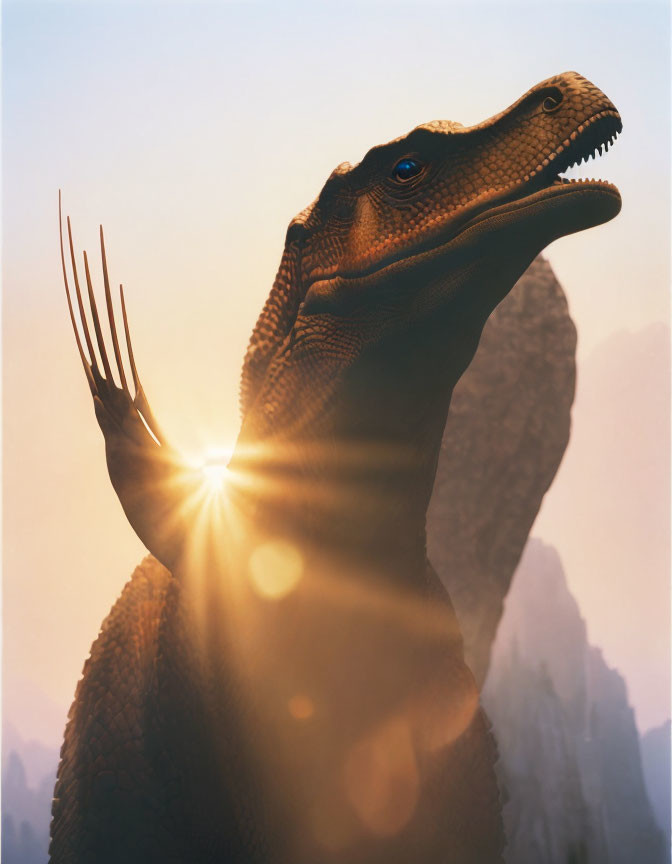 Long-necked dinosaur silhouette under setting or rising sun