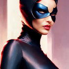 Woman in Black Catsuit with Cat-Ear Headpiece and Red Lipstick