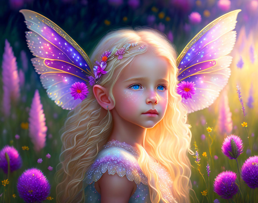Young girl with butterfly wings in glowing purple flower field
