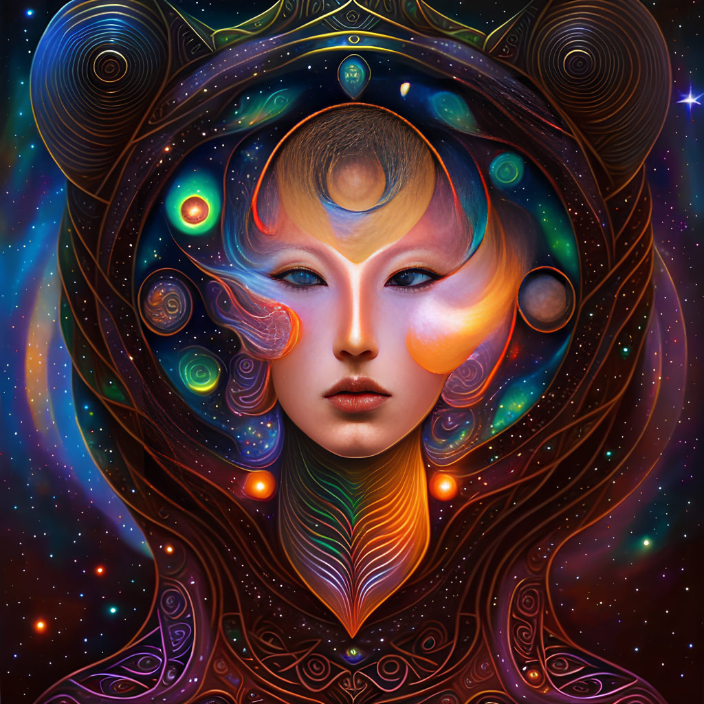 Cosmic-themed digital art: Person's face surrounded by celestial bodies, vibrant colors, swirling patterns