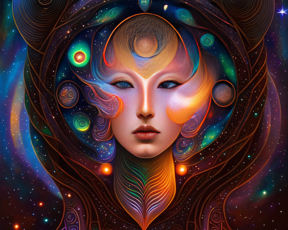 Cosmic-themed digital art: Person's face surrounded by celestial bodies, vibrant colors, swirling patterns