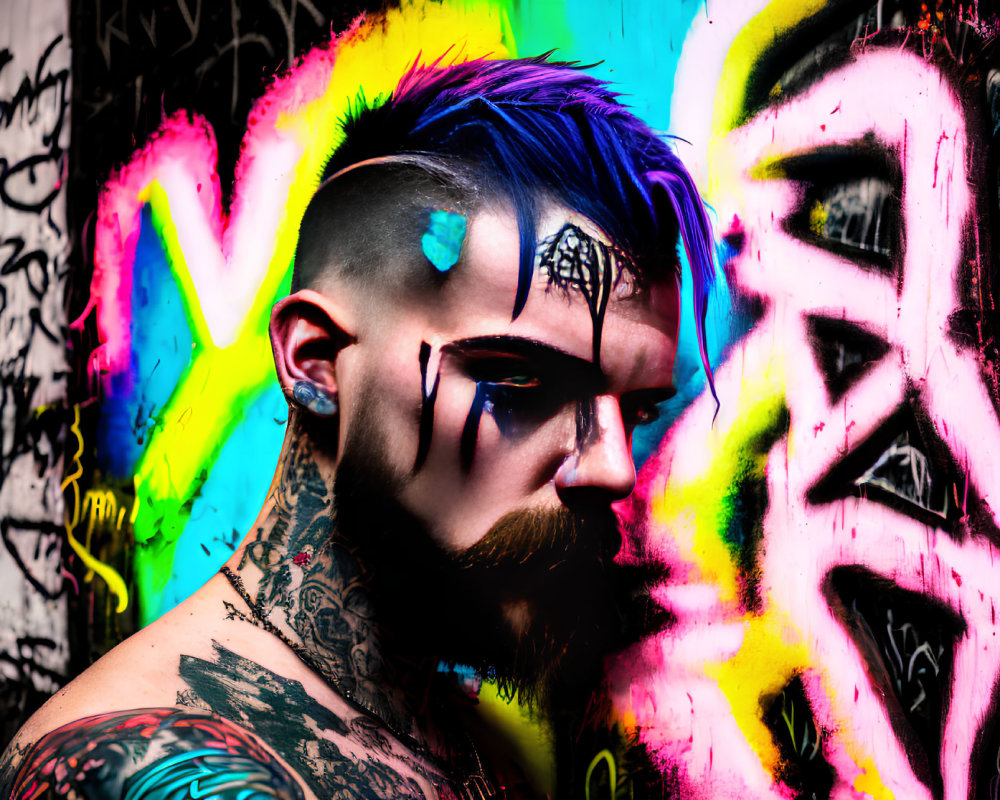 Man with Mohawk, Face Paint, and Tattoos in Front of Colorful Graffiti