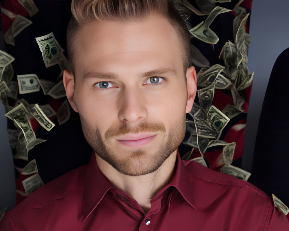 Blond man with beard in red shirt surrounded by flying dollar bills