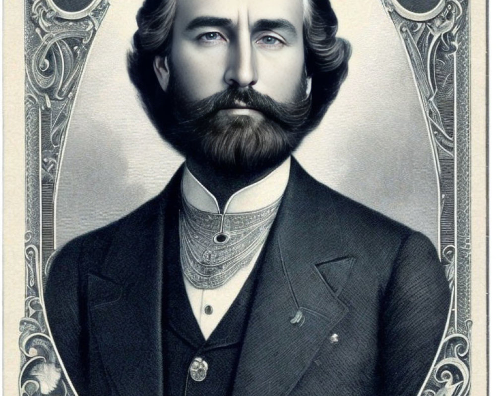 Vintage portrait of a man with full beard and mustache in formal attire against ornate background