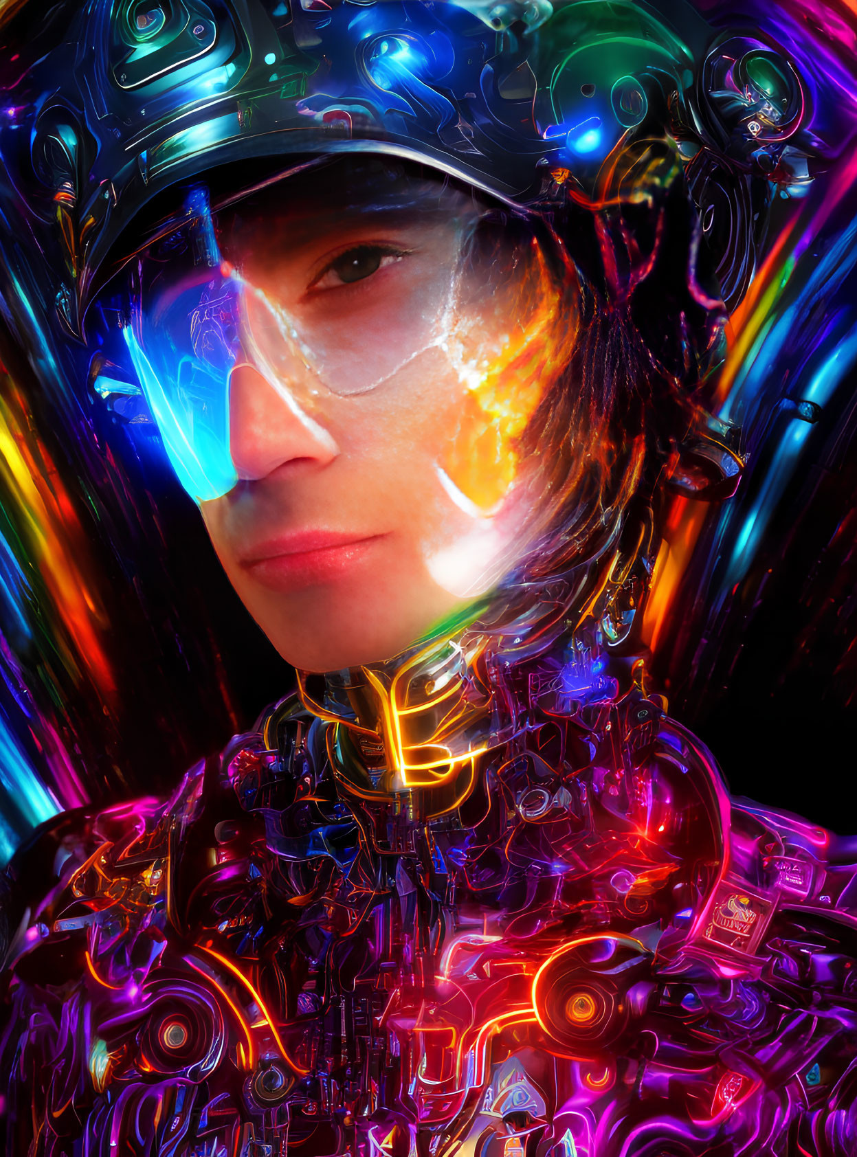 Futuristic portrait with transparent helmet and neon colors