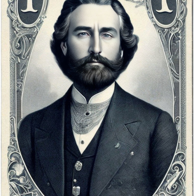 Vintage portrait of a man with full beard and mustache in formal attire against ornate background
