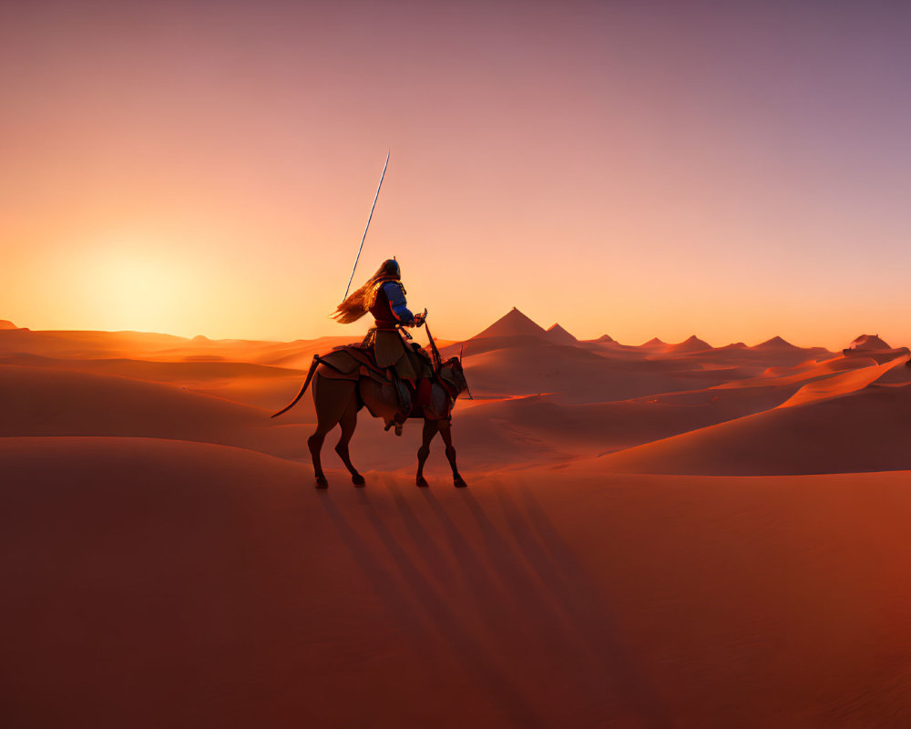 Silhouette of mounted figure with spear in desert sunset