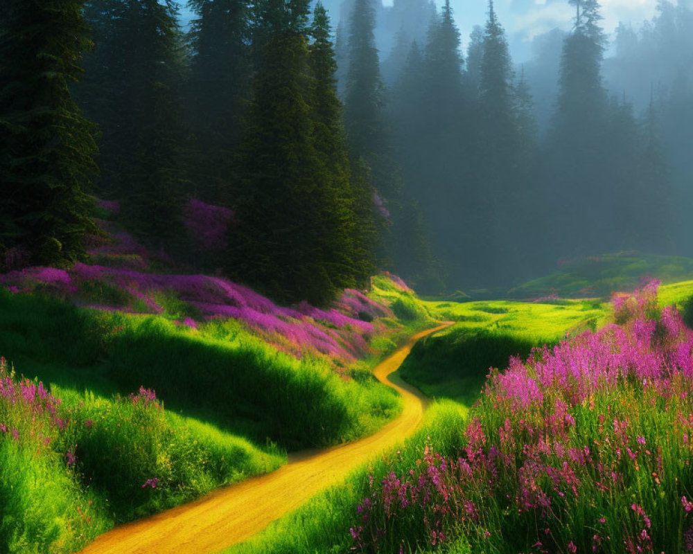Scenic forest path with purple wildflowers in soft sunlight