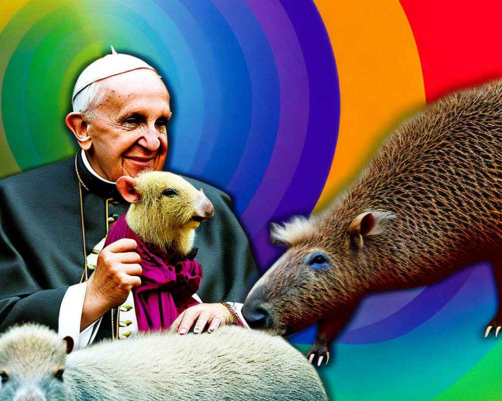 Colorful Artistic Image: Man in Religious Attire with Capybaras on Rainbow Background