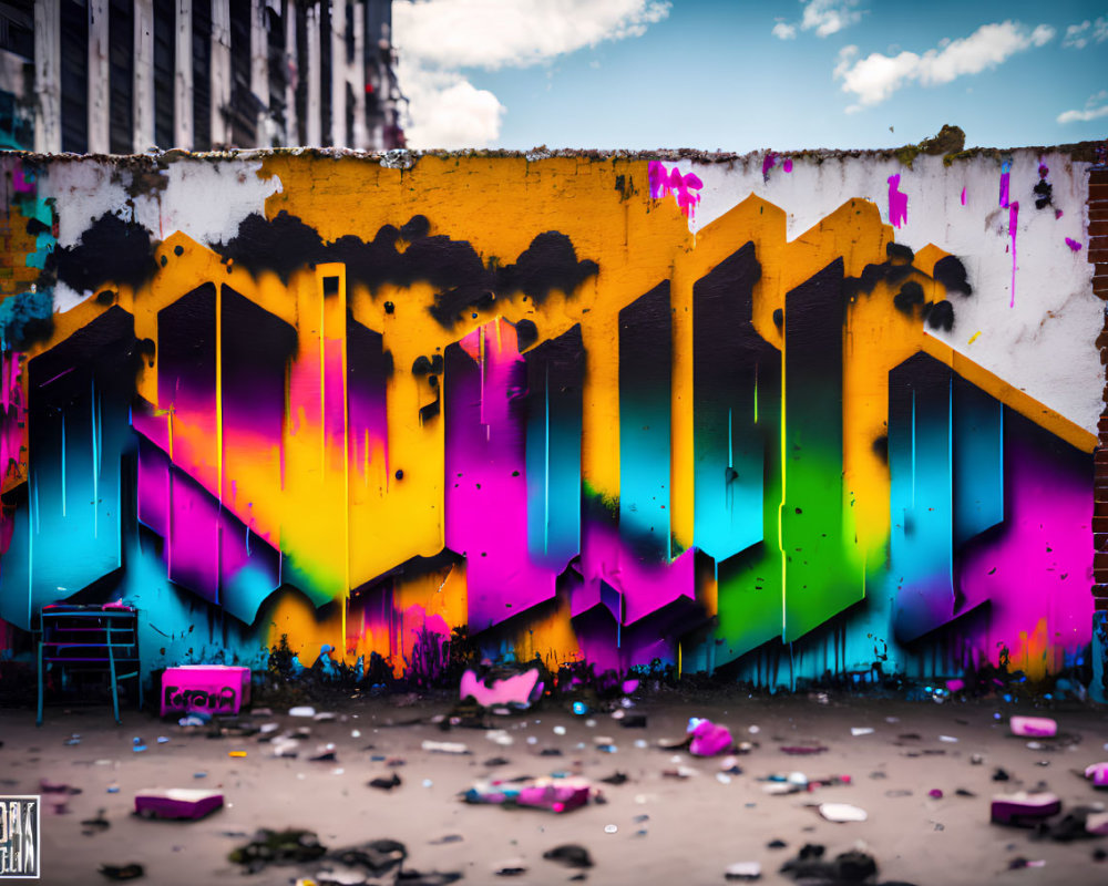 Colorful geometric graffiti on dilapidated wall with debris and blurred cityscape