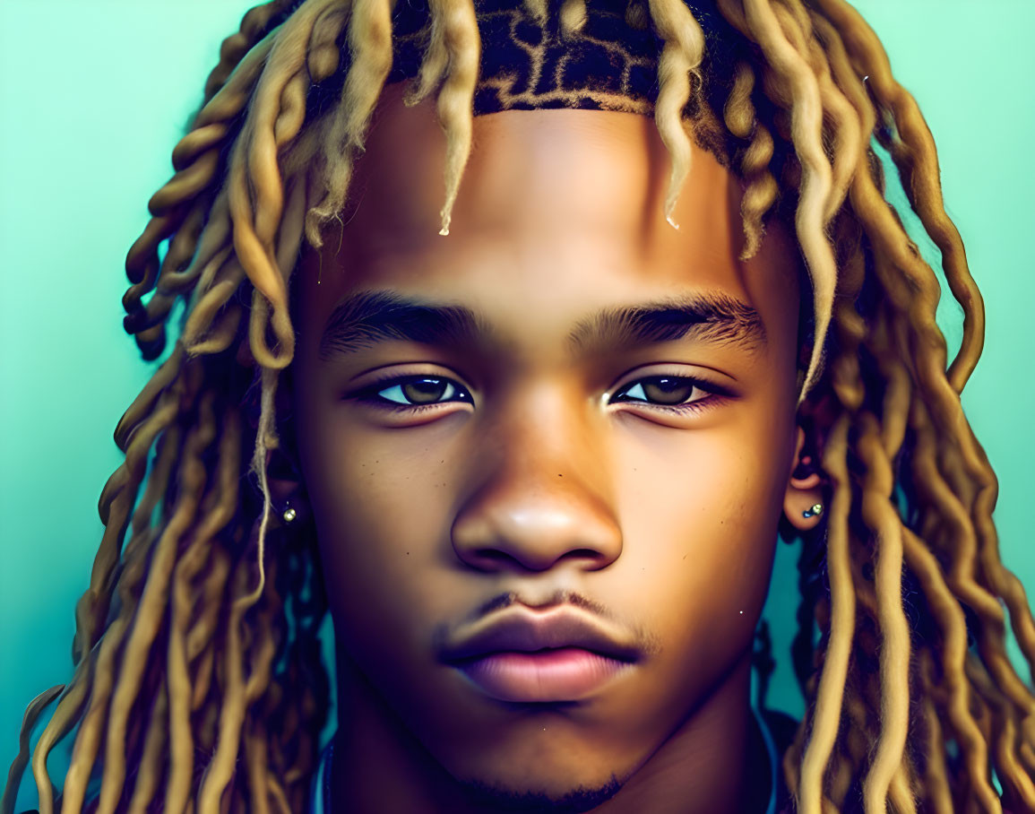 Young person with blond dreadlocks and ear piercings on turquoise background