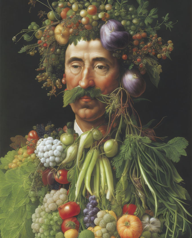 Colorful portrait of a man made of fruits and vegetables
