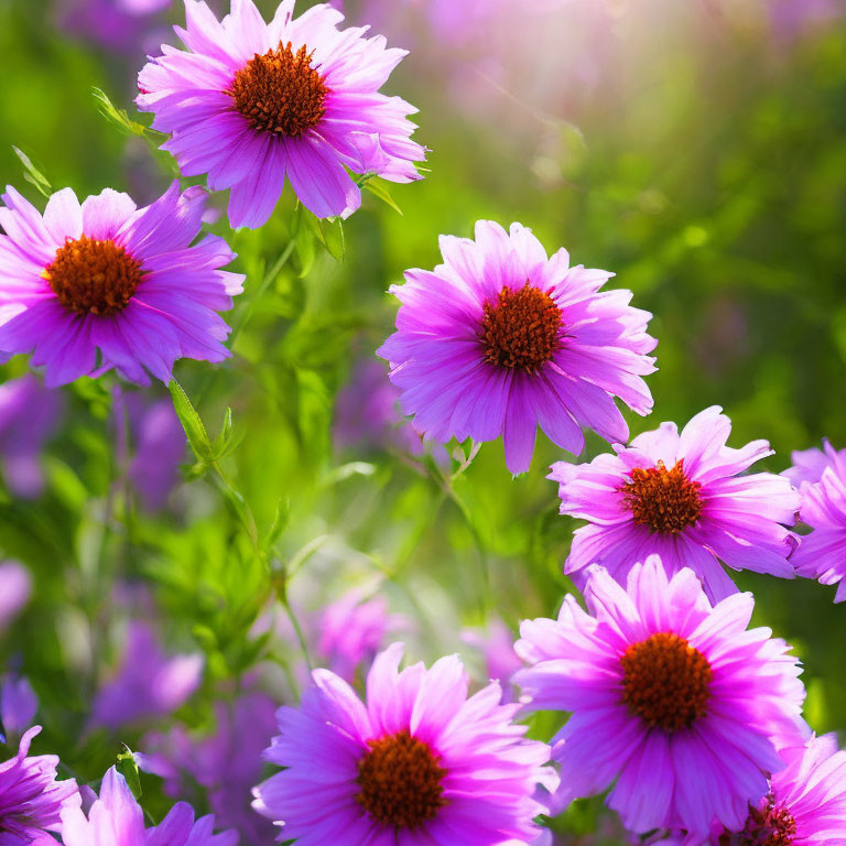 Pink-Purple Flowers with Lush Greenery in Warm Sunlight