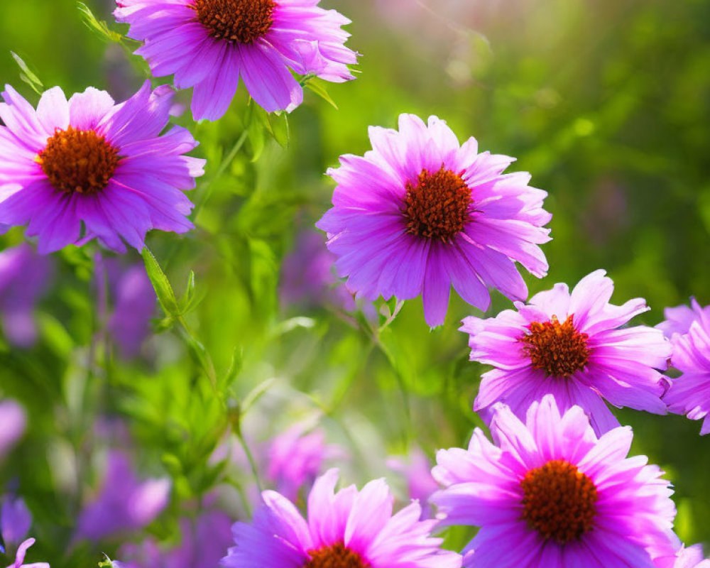 Pink-Purple Flowers with Lush Greenery in Warm Sunlight
