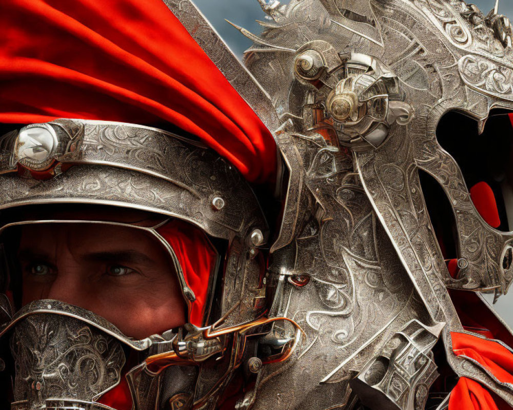 Detailed Medieval Silver Helmet with Red Cloak and Ornate Shield