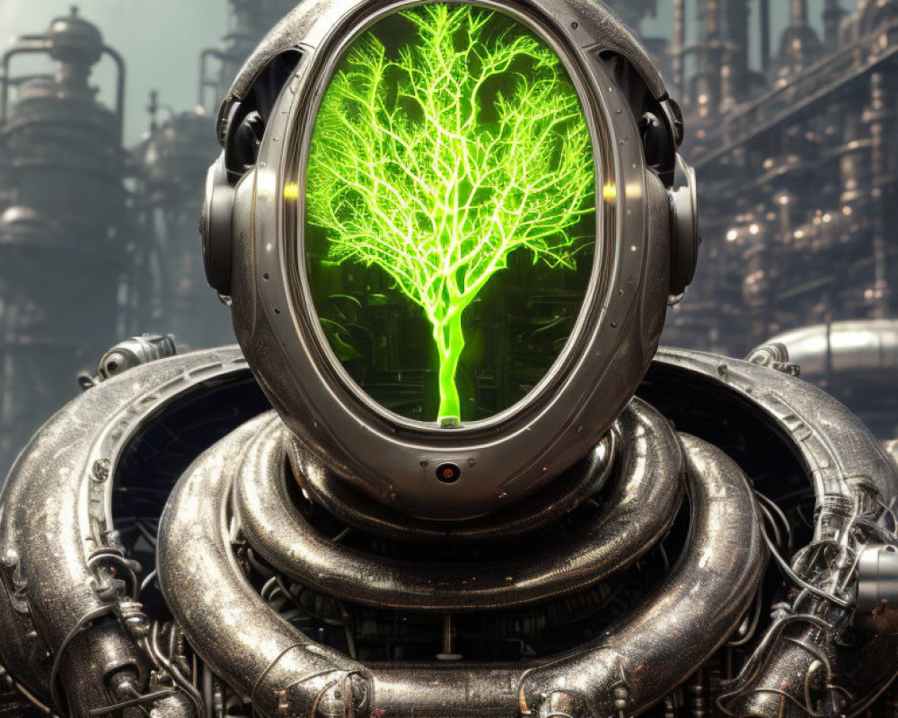 Transparent-headed robot with glowing green tree in futuristic industrial setting
