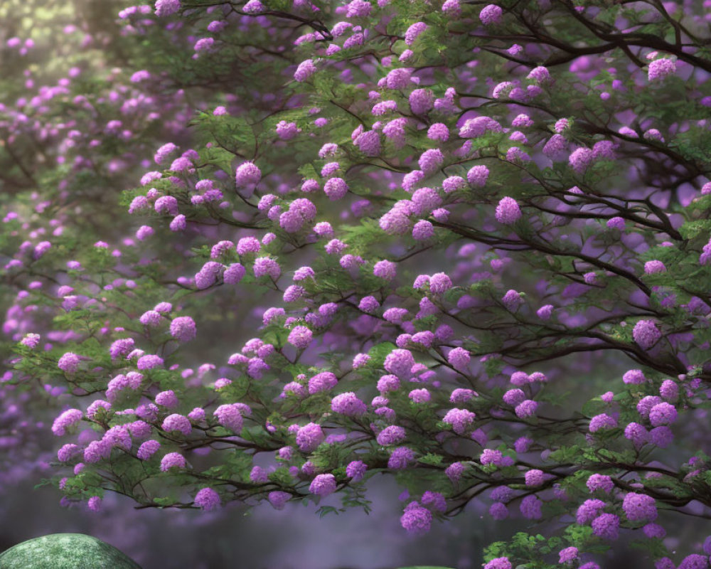 Vibrant purple flowers on lush tree branches in misty forest