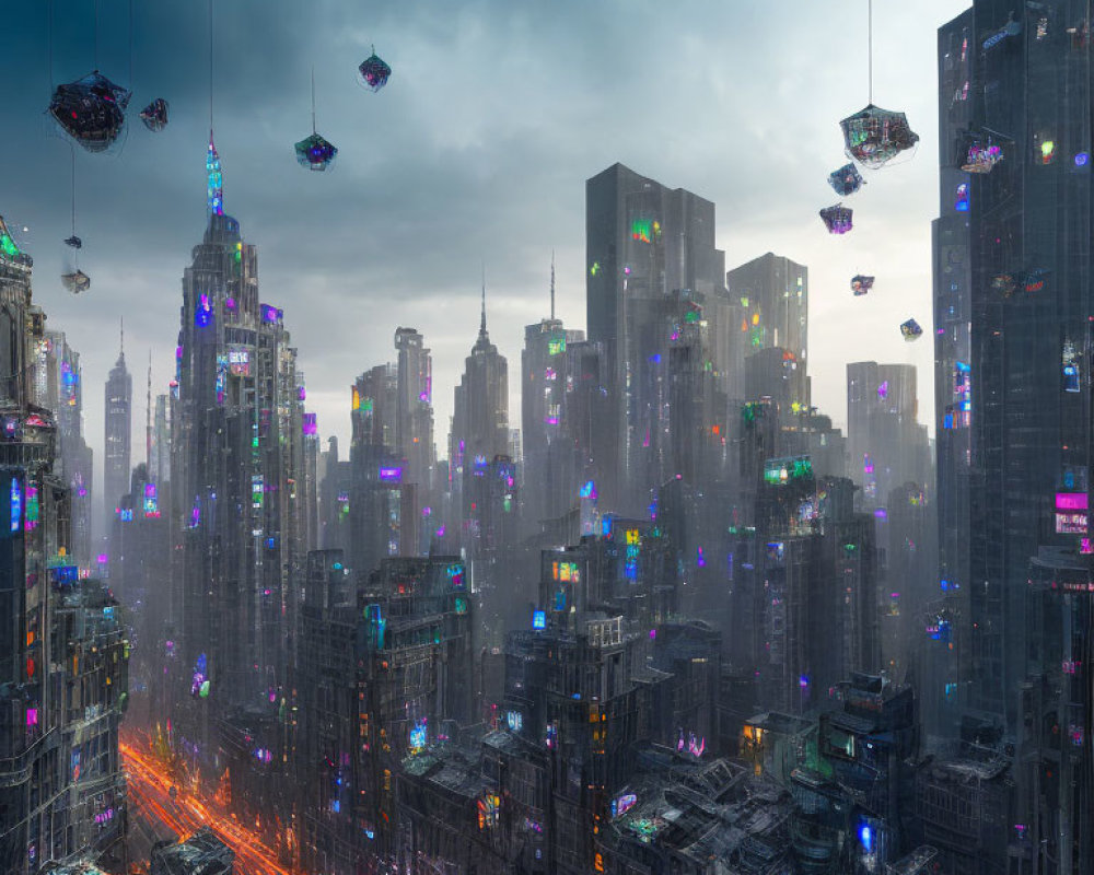 Futuristic cityscape at dusk with skyscrapers and flying vehicles