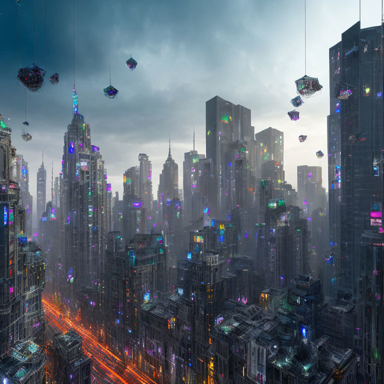 Futuristic cityscape at dusk with skyscrapers and flying vehicles
