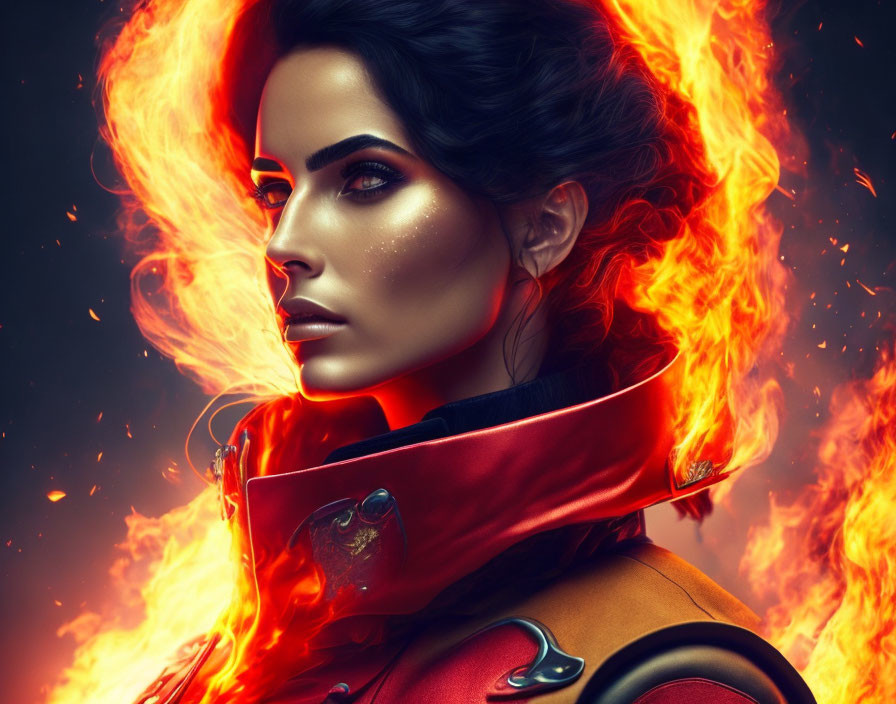 Digital artwork: Woman with sharp features, flames backdrop, futuristic red collar.