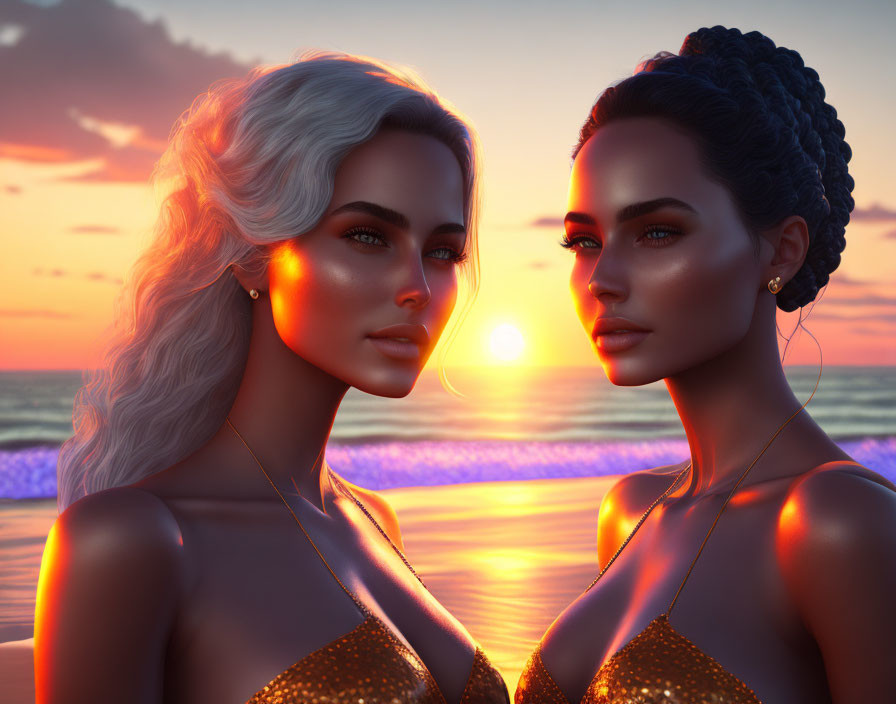 Sun-kissed digital women at sunset with vibrant sky and waves.