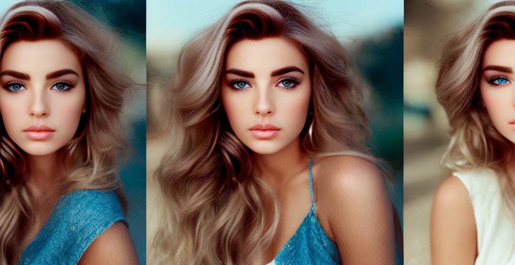 Three portraits of a woman with flowing wavy hair, striking blue eyes, in denim and sleeveless