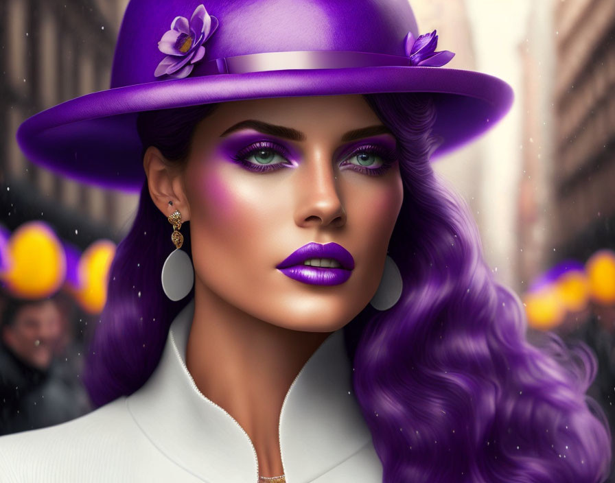 Digital artwork of woman with vibrant purple makeup and wide-brimmed hat against city backdrop