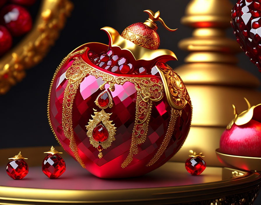 Ruby-Red Jewel-Encrusted Bauble with Gold Detailing on Dark Background