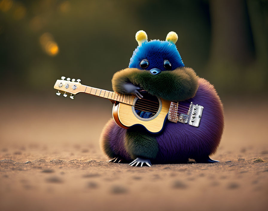 Furry blue and green creature playing acoustic guitar outdoors