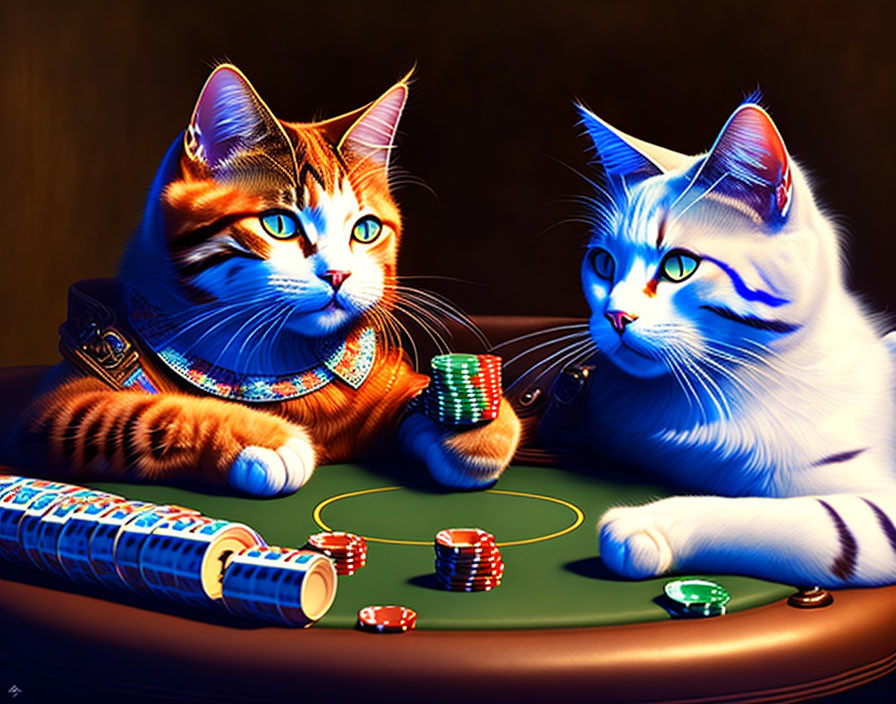 Illustrated cats at poker table with colorful chips depicting playful casino scene