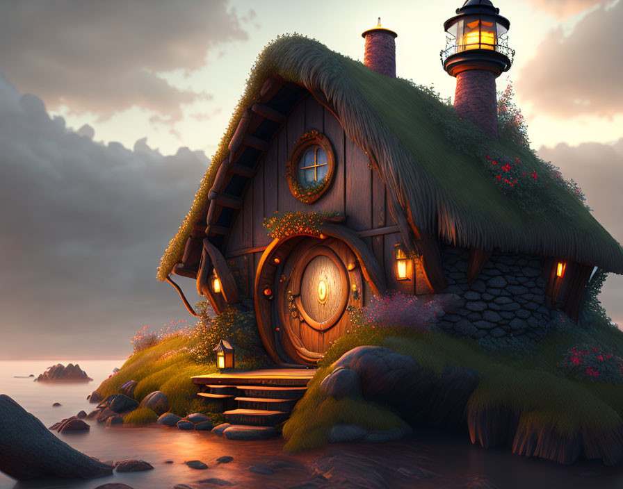 Thatched-Roof Cottage with Lighthouse on Rocky Shoreline at Twilight
