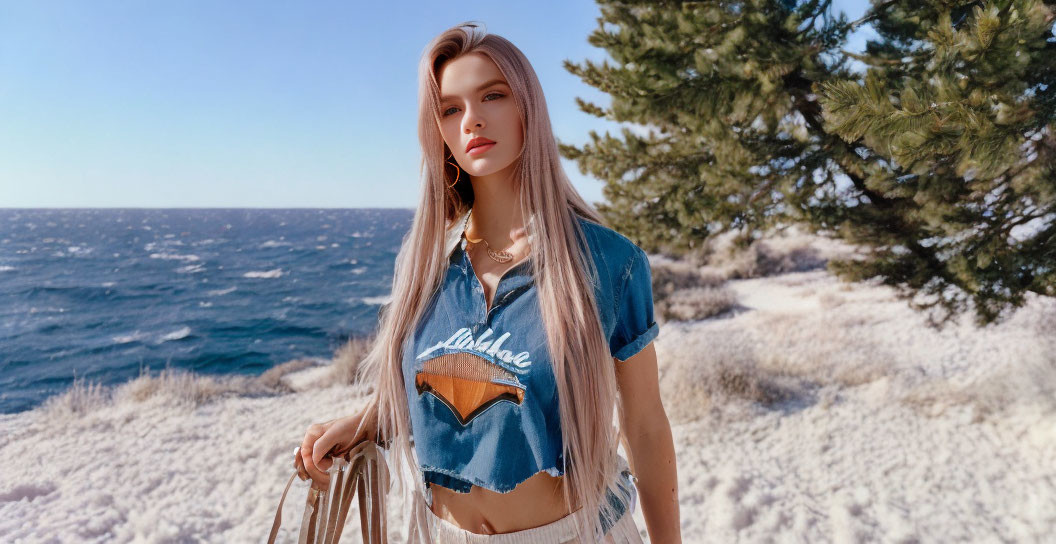Woman with Long Hair in Crop Top by Sea and Trees