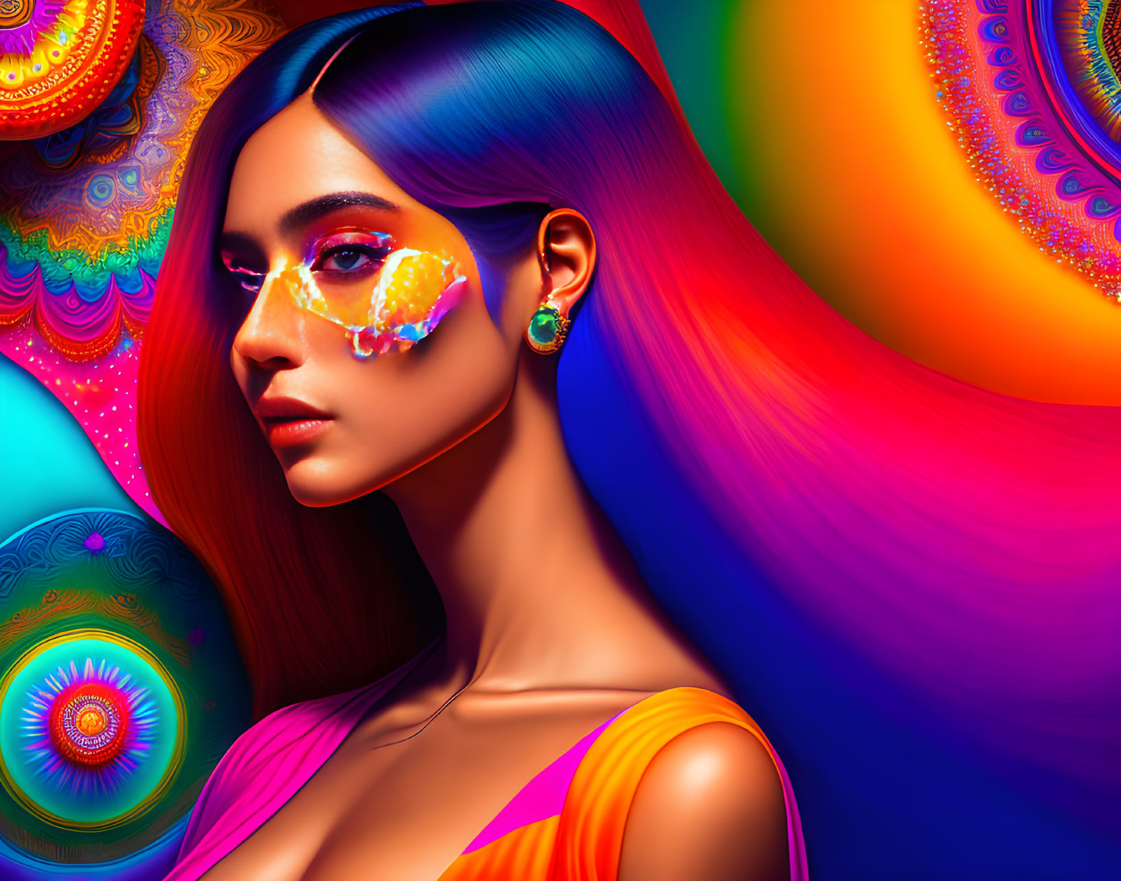 Colorful digital artwork featuring woman with multicolored hair and face paint