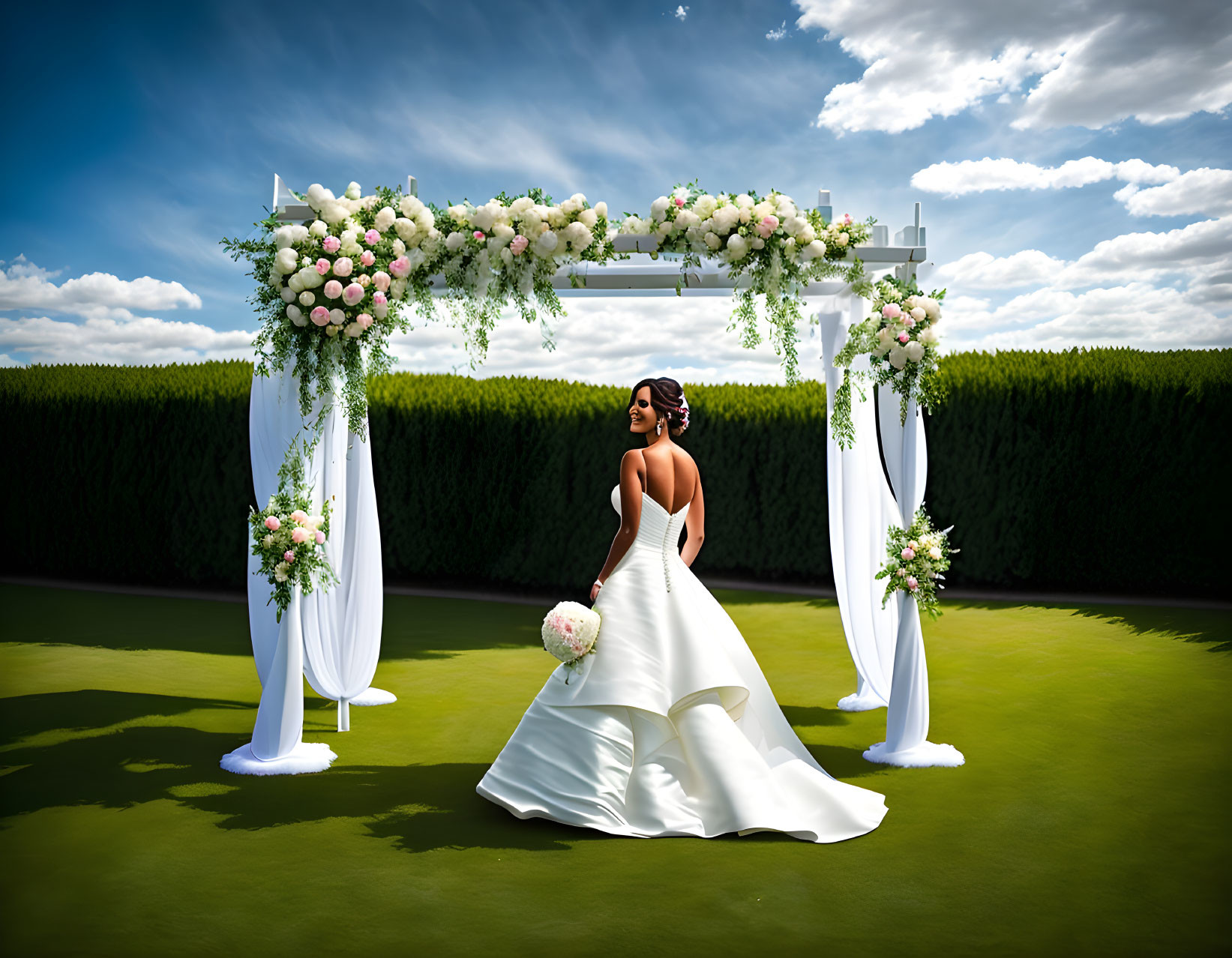Bride in white gown under floral arch in field with dramatic sky